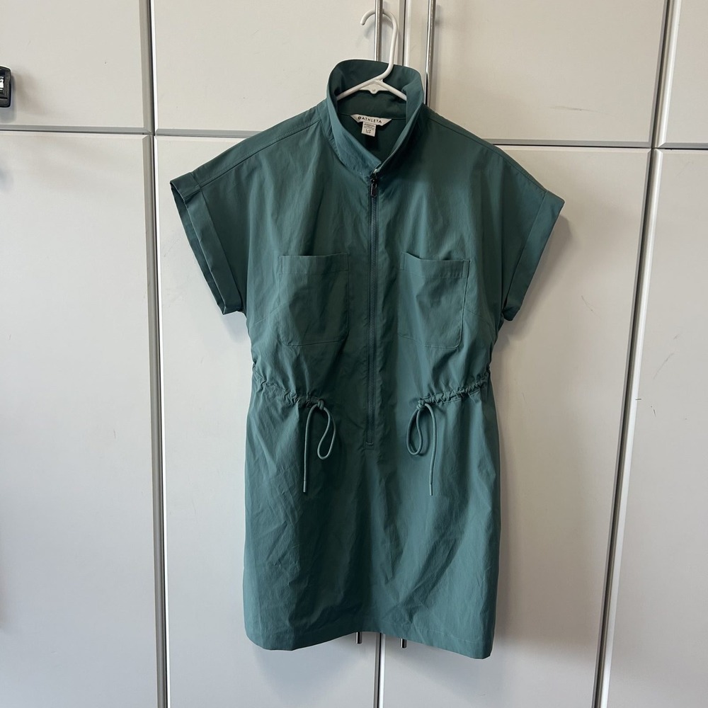 Athleta Crosstown Dress Teal Green Half Zip Short Sleeve Drawstring Waist Size L